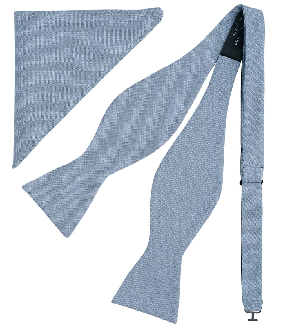 6764 Dusty Blue Bow Tie and Pocket Square Tuexdo, Self-Tied Cotton Linen